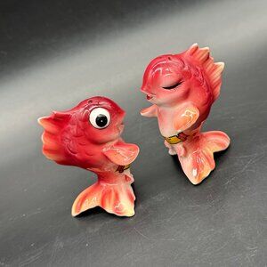 Kissing Fish Shakers Mid Century Red Ceramic Souvenir Kitschy Anthropomorphic